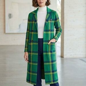 Christian Siriano Knit Green Plaid Tartan Irish Longline Cardigan Duster Coat